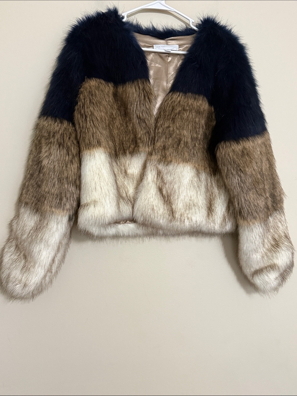 New York company Striped Faux Fur bomber Jacket coat women S cream navy lux Y2K
